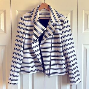 Asymmetrical striped knit moto zipped jacket